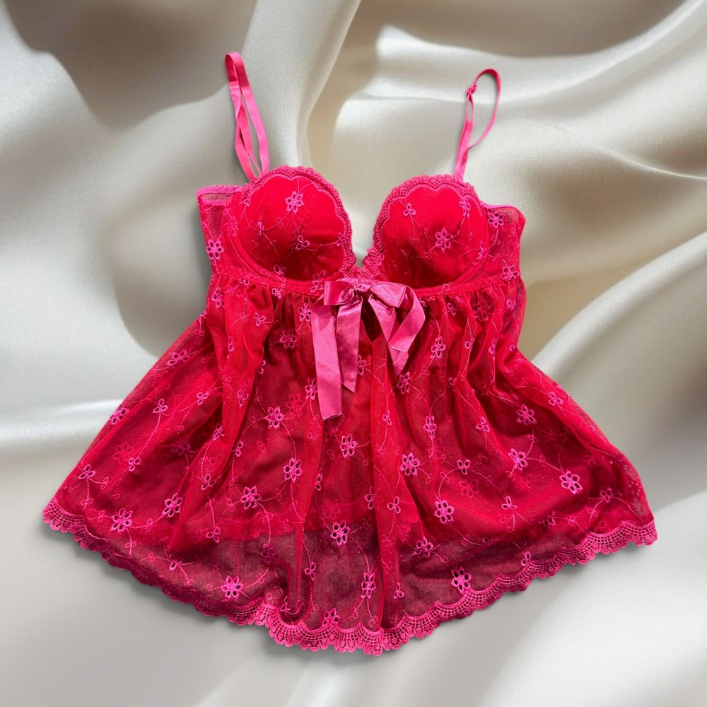 Victoria's Secret Sexy Little Things Pink Floral Lace Babydoll Lingerie 34C